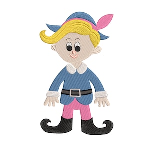 Op de afbeelding: Een cartoon-elf met blond haar, die een blauwe hoed met een roze veer, een blauw shirt, een zwarte riem, een roze broek en zwarte schoenen draagt.