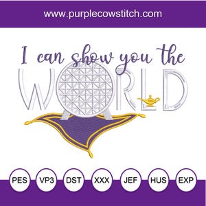May include: Embroidered design featuring the text "I can show you the WORLD" with a purple magic carpet, a golden lamp, and a white Ferris wheel.
