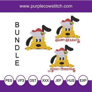 May include: A bundle of three embroidery designs featuring a cartoon dog wearing a Santa hat and holding a sign. The signs read "Happy Holidays" and "Merry Christmas".