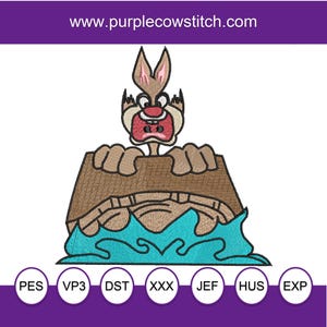 May include: Embroidered design of a brown rabbit with a surprised expression, peeking out of a brown log floating in blue water.