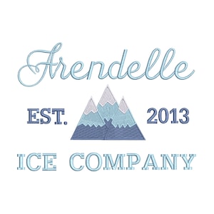 May include: A blue and white logo with the text "Arendelle Ice Company Est. 2013" and a stylised image of three mountains.