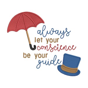 May include: A red umbrella with a brown handle and the text "always let your conscience be your guide" in blue and brown lettering. A blue top hat with a brown band is on the right side of the image.