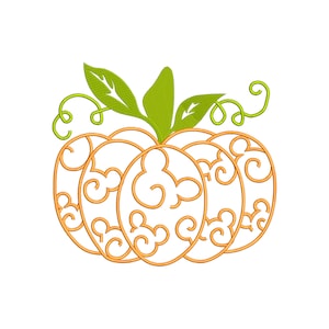 Puede incluir: Una calabaza naranja estilizada con un tallo y hojas verdes. La calabaza está delineada con un patrón de espiral.