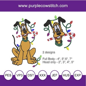May include: Two embroidery designs of a cartoon dog wearing a green scarf and a candy cane in its mouth. The dog is surrounded by Christmas lights. The designs are available in sizes 4, 5, 6, and 7 inches for the full body and 2, 3, 4, and 5 inches for the head only. The designs are available in PES, VP3, DST, XXX, JEF, HUS, and EXP formats.