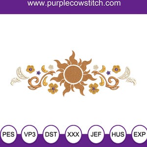 May include: An embroidered design featuring a sun, flowers, and swirling vines in shades of brown, gold, and yellow. The design is symmetrical and includes the text "www.purplecowstitch.com" at the top. Various embroidery file formats are listed below.