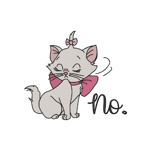 Op de afbeelding: Geborduurde illustratie van een grijze kat met een roze strik en een roze strik op haar hoofd. De kat zit met gesloten ogen en het woord 'nee' staat in zwart cursief ernaast.