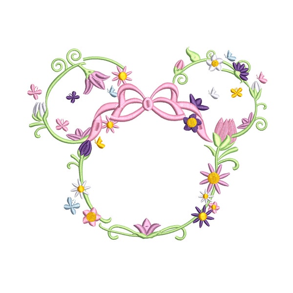 Bloemen Minnie lentekrans machineborduurontwerp. Perfect voor Epcot Flower & Garden Festival