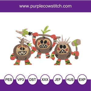 May include: Machine embroidery design featuring three round, brown coconut-like characters with red and green limbs, holding spears and a mallet. The characters have jagged teeth and spiky hair. Text at the top reads www.purplecowstitch.com.