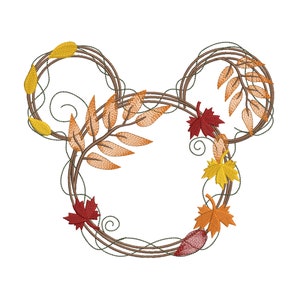 Mickey Mouse Otoño Acción de Gracias Deja Archivo de Diseño de Bordado de Máquina.