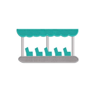 May include: A turquoise blue amusement park ride with a canopy and five seats. The ride is on a grey track.
