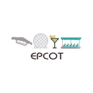 May include: An embroidered design of the Epcot logo in white and grey, featuring icons representing the park's attractions, including the Spaceship Earth ride, a margarita glass, and a monorail.