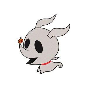 Puede incluir: Una ilustración de dibujos animados de un fantasma gris con un collar rojo y una pequeña calabaza naranja en la boca. El fantasma tiene grandes ojos negros y una amplia sonrisa.