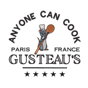 May include: A black and white logo with the text "Anyone Can Cook" in a curved arc above a cartoon rat wearing a chef's hat and holding a wooden spoon. The text "Paris" and "France" are below the rat, and the text "Gusteau's" is below that. Five black stars are below the text.