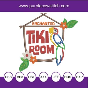 May include: An embroidery design featuring the text ENCHANTED TIKI ROOM in red letters inside a brown stick frame. A colorful parrot with yellow, blue, and green feathers sits on the right. Orange and white flowers with green leaves decorate the frame.