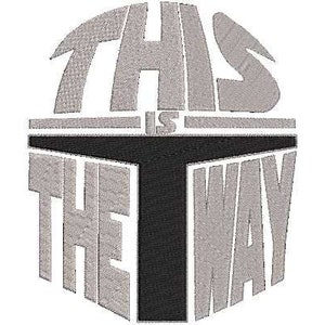以下が含まれることがあります： 円の中に「This is the way」という文字が書かれたグレーとブラックのグラフィックデザイン。文字はマンダロリアンのヘルメットのようにスタイリッシュにデザインされている。