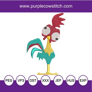 May include: An embroidery design of a cartoon rooster with a red crest, large white eyes, a yellow neck, and a teal body. The text www.purplecowstitch.com appears at the top, and the file formats PES, VP3, DST, XXX, JEF, HUS, and EXP are listed below.