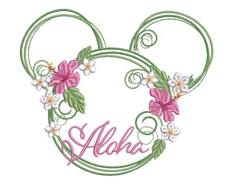 May include: A green floral wreath with pink hibiscus flowers and white flowers, with the word "Aloha" written in pink cursive inside the wreath.
