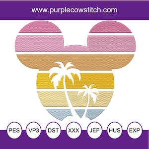 May include: A colorful design featuring a Mickey Mouse silhouette with a beach theme. The design includes horizontal stripes in pink, gold, yellow, and blue, with white palm trees. The website address www.purplecowstitch.com is at the top.