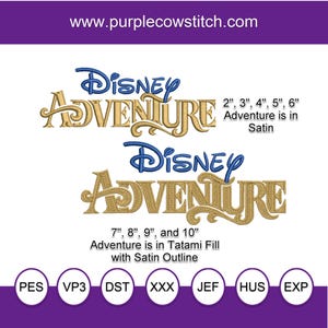 May include: Embroidered Disney Adventure design in gold and blue. The design is available in multiple sizes, from 2 to 10 inches. The website address www.purplecowstitch.com is at the top. The design is available in multiple file formats.