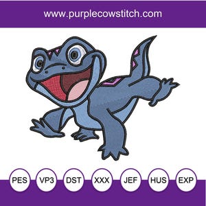 May include: A blue and pink cartoon lizard with a wide open mouth and a big smile. The lizard has a pink and purple design on its tail. The lizard is a character from the movie Frozen.