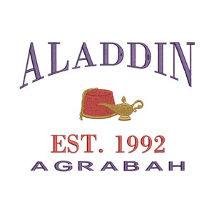 Aladdin Machine Embroidery Design. Established 1992. Agrabah. Varsity Sweatshirt