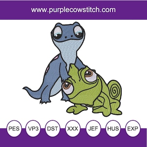 May include: Embroidered design of two cartoon characters, a blue lizard and a green chameleon. The lizard is standing on its hind legs and the chameleon is sitting on its hind legs with its tail curled around its body. The lizard has a pink spot on its back and the chameleon has a swirl pattern on its tail.