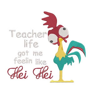 May include: A white background with a cartoon rooster with red, yellow, and blue feathers. The rooster has large, white eyes and a surprised expression. The text "Teacher life got me feelin like Hei Hei" is written in white text.