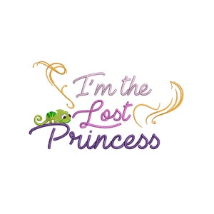 May include: Purple and pink embroidery design with the text "I'm the Lost Princess" and a green chameleon with yellow accents.