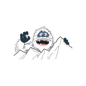 May include: A cartoon illustration of a white yeti with a blue face and sharp teeth, climbing up a mountain. The yeti is holding onto the mountain with its hands.