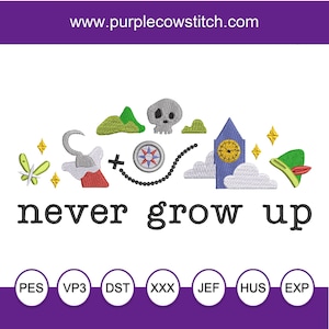 May include: A whimsical design featuring elements from Peter Pan, including a pirate hook, skull, compass, and a clock tower. The text "never grow up" is displayed below the illustrations. The website address www.purplecowstitch.com is at the top.