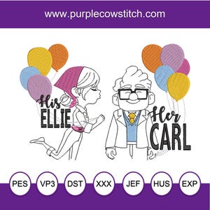 Puede incluir: Diseño bordado con una pareja de dibujos animados, un hombre y una mujer, con el texto "His Ellie" y "Her Carl" y globos de colores.