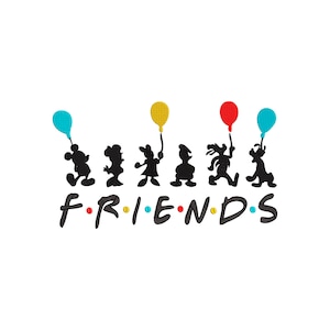 Può includere: Silhouette di sei personaggi dei cartoni animati che tengono palloncini, con la parola "FRIENDS" scritta sotto. I palloncini sono blu, gialli, rossi e blu.