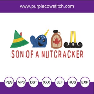 Könnte beinhalten: Gestickte Darstellung mit einer grünen Elfenmütze, einem blauen Narwal, einem roten Ahornblatt in einer Flasche und gelben Beinen mit schwarzen Schuhen. Der Text "Son of a Nutcracker" befindet sich unterhalb der Darstellung.