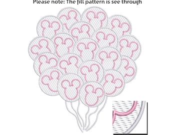 Puede incluir: Un diseño de bordado blanco de un montón de globos rosas con cabeza de Mickey Mouse. El patrón de relleno es transparente.