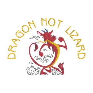 May include: A red cartoon dragon with yellow accents and blue horns flexing its arm. The text "DRAGON NOT LIZARD" arches above the dragon in yellow. The dragon is surrounded by white and black cloud-like designs on a white background.
