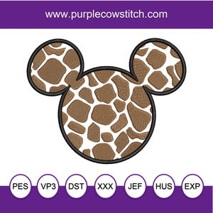 May include: A digital embroidery design of a giraffe print Mickey Mouse head. The design is available in PES, VP3, DST, XXX, JEF, HUS, and EXP formats.