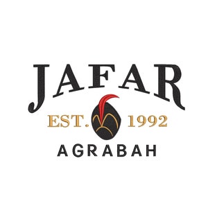 May include: Black and gold logo with the text "Jafar Est. 1992 Agrabah" and a stylized image of a black and gold turban with a red feather.
