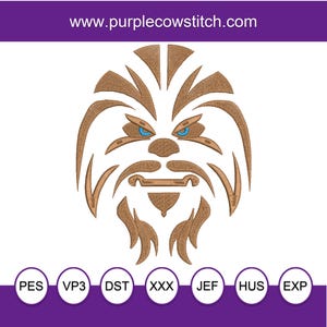 May include: Embroidered design of a Wookiee face with tan thread and blue eyes. The image includes the website address www.purplecowstitch.com at the top and various embroidery file formats at the bottom.