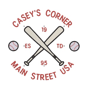 May include: A red and white baseball themed logo with the text "Casey's Corner" in a circle around the top. The logo also includes two crossed baseball bats, two baseballs, and the text "Main Street USA" in a circle around the bottom.