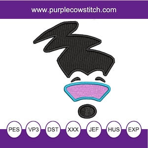 May include: An embroidered design featuring a cartoon face with black hair, a blue and pink mouth, and a black oval shape below. The website address "www.purplecowstitch.com" is at the top. Various embroidery file formats are listed at the bottom.