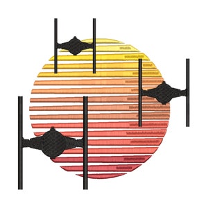 May include: Three black TIE fighter silhouettes against a circular sunset background with orange, yellow, and red stripes.