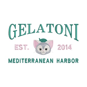 Puede incluir: Un logotipo verde azulado con el texto "GELATONI EST. 2014 MEDITERRANEAN HARBOR". Un gato de dibujos animados con un sombrero verde está en el centro del logotipo.