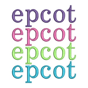 May include: Four rows of the word "epcot" in different colors: purple, pink, green, and blue.