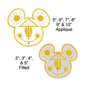 May include: A set of embroidery designs featuring a Mickey Mouse head with a stylized sunburst design. The designs are available in two styles: filled and applique. The filled designs are available in sizes 2, 3, 4, and 5 inches. The applique designs are available in sizes 5, 6, 7, 8, 9, and 10 inches.