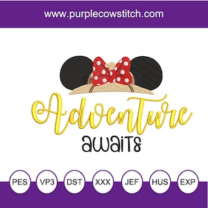May include: An embroidery design featuring black mouse ears with a tan hat and a red polka dot bow. Below the hat, the text reads Adventure AWAITS in yellow and black script. The top displays www.purplecowstitch.com and bottom lists file formats.