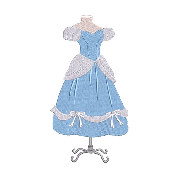 Princess Cinderella Dress Ball Gown on a stand. Machine Embroidery.