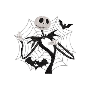 May include: Black and white illustration of Jack Skellington, the Pumpkin King from The Nightmare Before Christmas, standing in a spider web with two bats.
