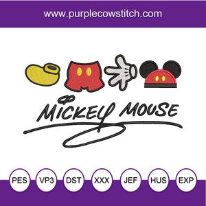 Puede incluir: Diseño bordado de Mickey Mouse con su firma, que incluye un zapato amarillo, pantalones cortos rojos, un guante blanco y una cabeza de Mickey Mouse negra y roja.