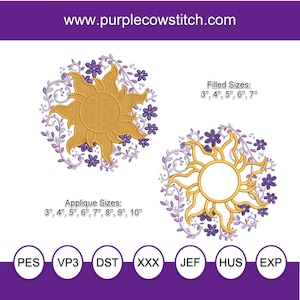 May include: Two sun designs with floral accents. One is filled, the other is an outline. The designs are gold with purple and lavender flowers and vines. The text "www.purplecowstitch.com" is at the top. Applique sizes are 7.6 cm to 25.4 cm, filled sizes are 7.6 cm to 17.8 cm.