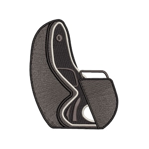 Puede incluir: Un sillón de masaje de tela negro y gris con respaldo curvo y reposacabezas. El sillón tiene un diseño moderno y es perfecto para relajarse.